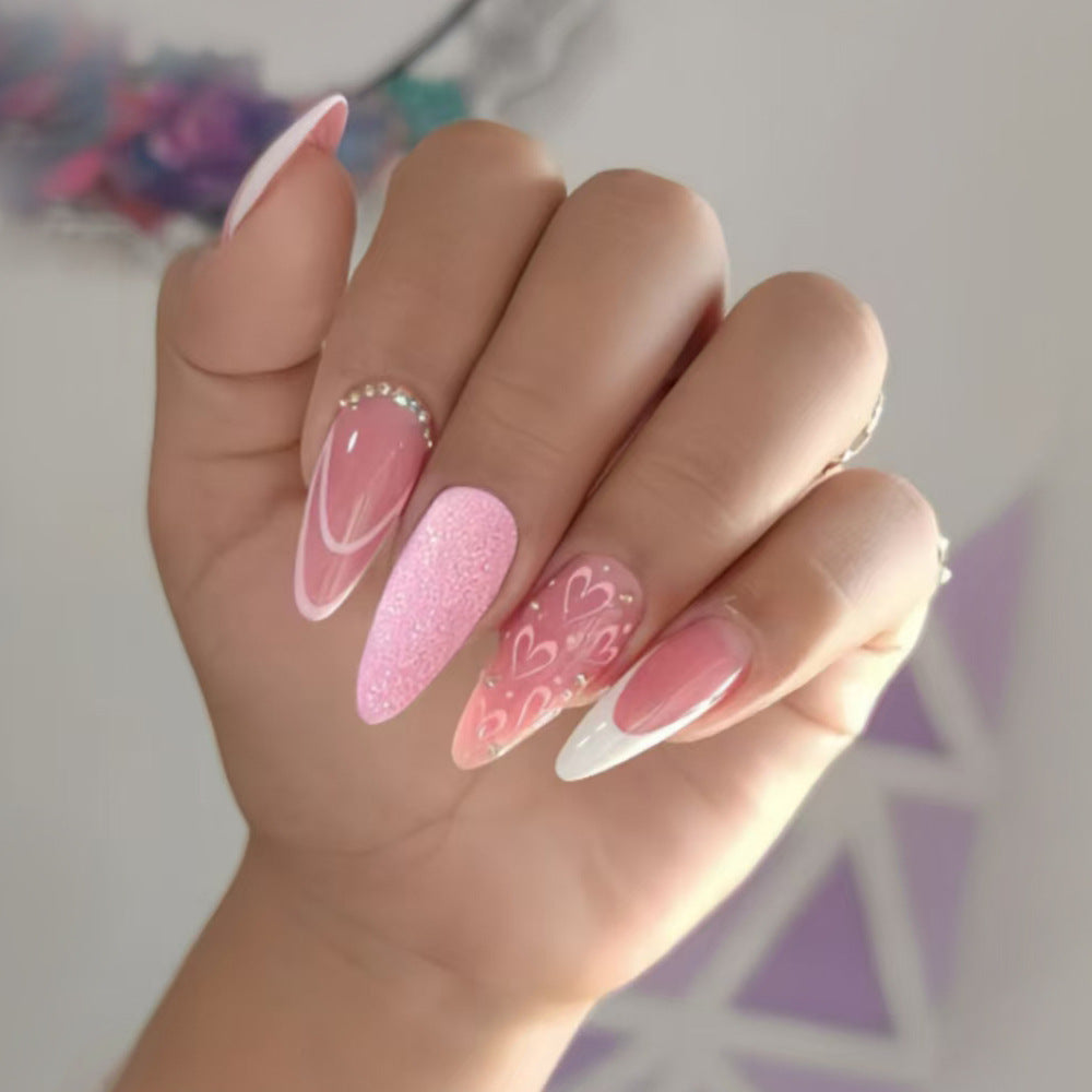 Romantic Dreamscape Long Almond Pink Press On Nail Set with Sparkling Hearts and Radiant Accents