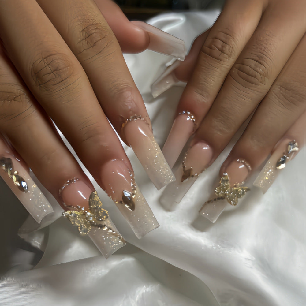 Glamorous Butterfly Theme Long Square Ombre Press On Nail Set with Rhinestone Accents