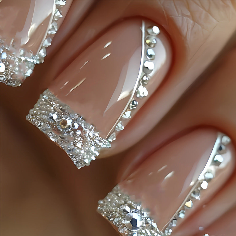 Glamorous Melody Press On Nail Set Medium Square Beige with Sparkling Rhinestone Accents