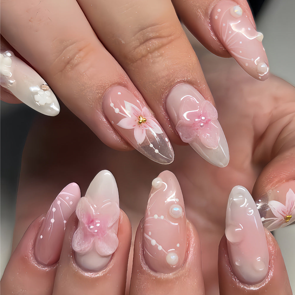Blossom Elegance Long Almond Pink Floral Press On Nail Set with Charming Pearl Accents