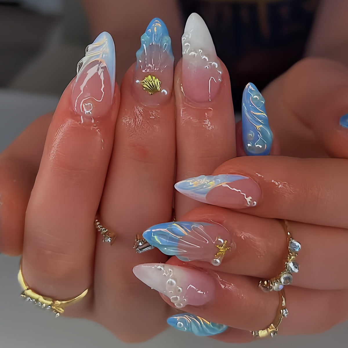 Ocean Breeze Medium Almond Blue and White Press On Nail Set with Unique Shell Accent