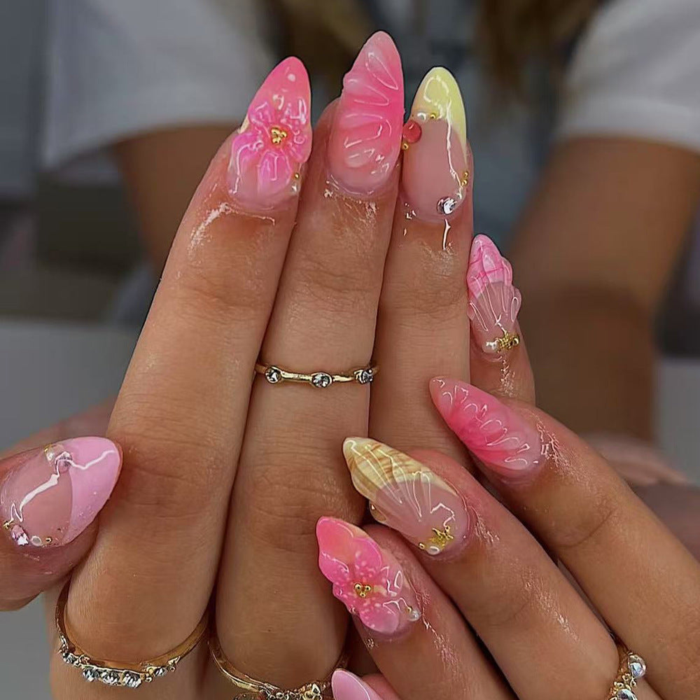 Tropical Vibes Medium Almond Pink with Floral Design Press On Nail Set