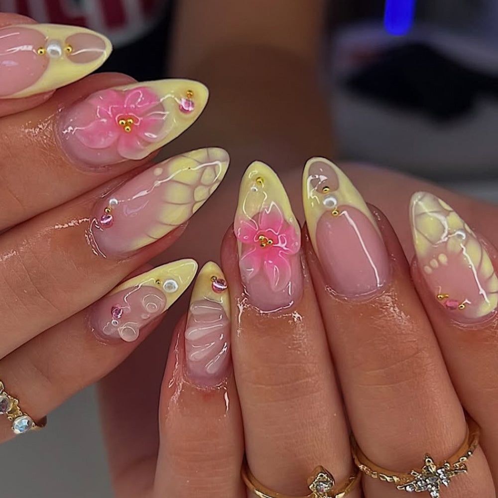 Tropical Blossom Long Almond Press On Nail Set in Soft Pink and Yellow with Floral Accents and Gemstone Details