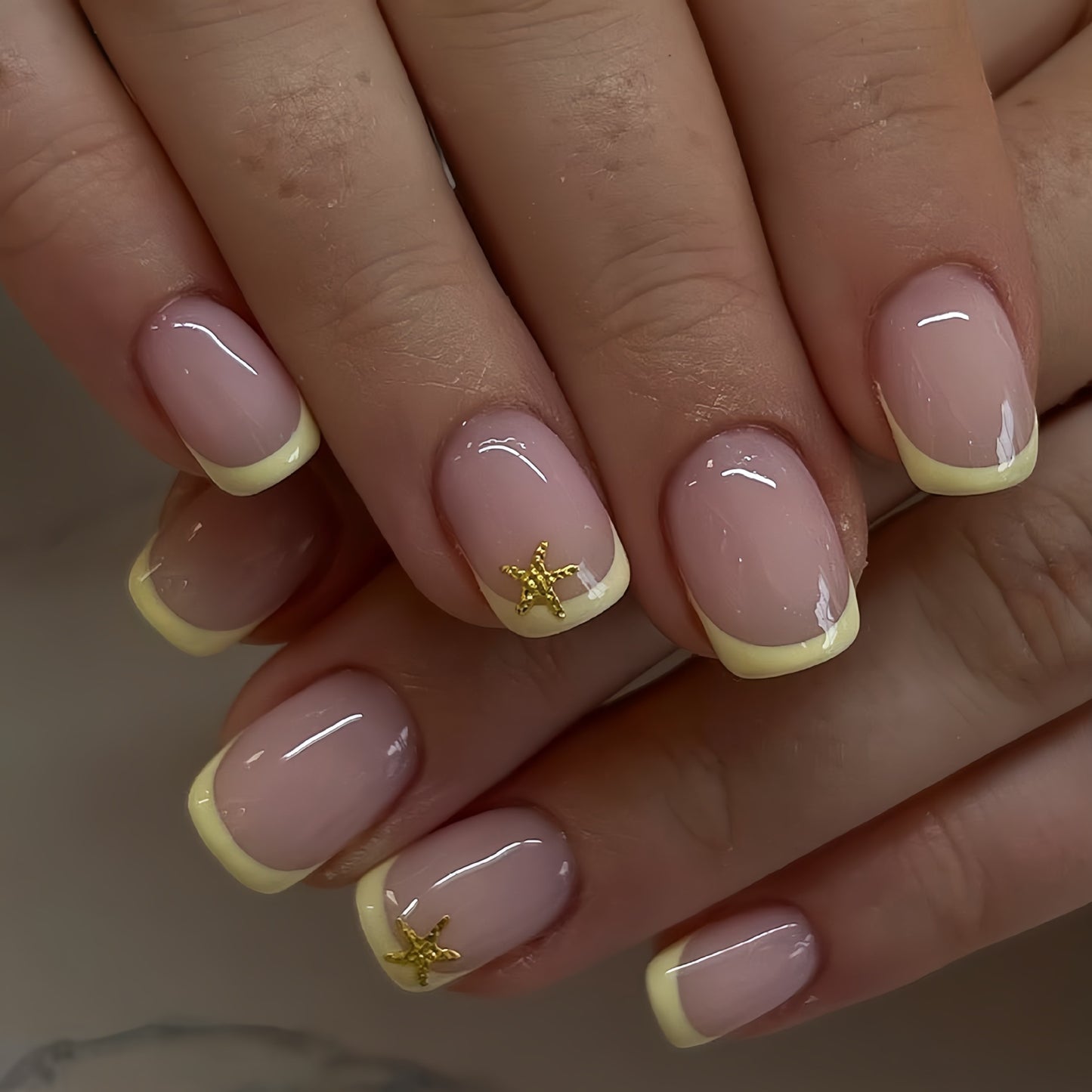 Tropical Sunrise Short Square Pink with Yellow French Tips and Gold Starfish Accent Press On Nail Set