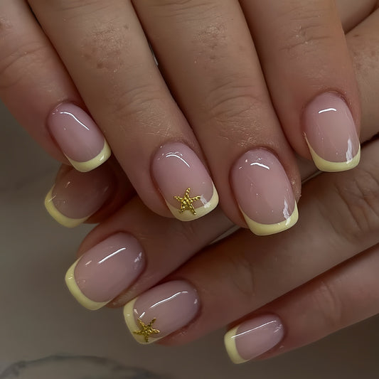Tropical Sunrise Short Square Pink with Yellow French Tips and Gold Starfish Accent Press On Nail Set
