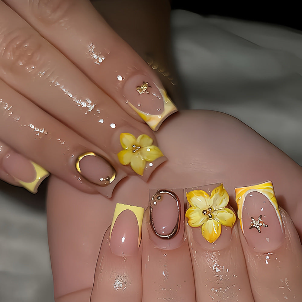 Radiant Floral Summer Press On Nail Set Medium Square Yellow with Delicate Flower Embellishments