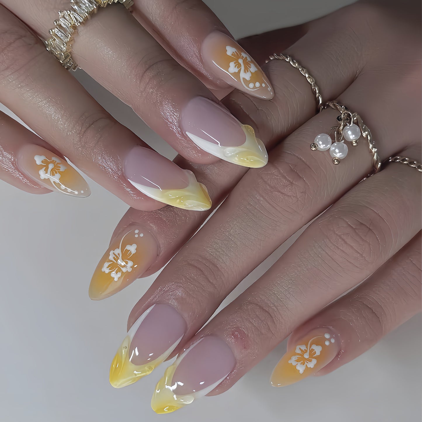 Sunny Blossom Dream Medium Almond Yellow Ombre with Floral Design Press On Nail Set