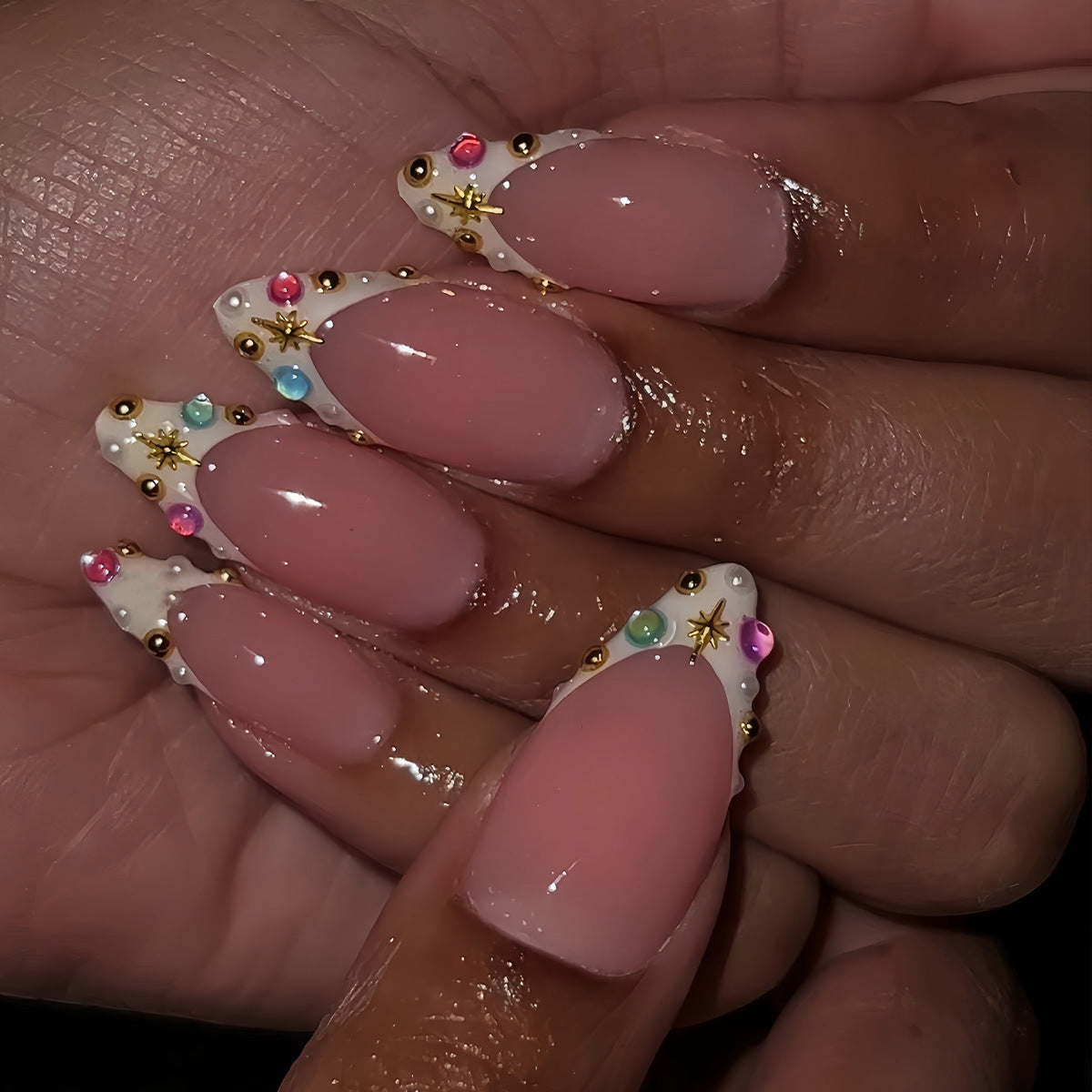 Celestial Elegance Medium Almond Pink and White Design with Glittering Gems and Gold Accents Press On Nail Set