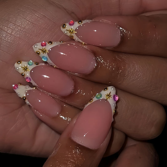 Celestial Elegance Medium Almond Pink and White Design with Glittering Gems and Gold Accents Press On Nail Set