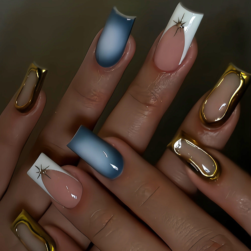 Glamorous Oceanic Dream Long Square Blue Ombre and Pink Matte with Chic Gold Accents Press on Nail Set