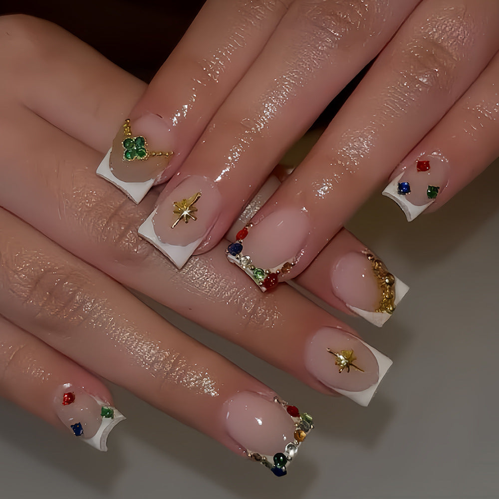 Glamorous Elegance Medium Square White Nails with Colorful Gem Accents