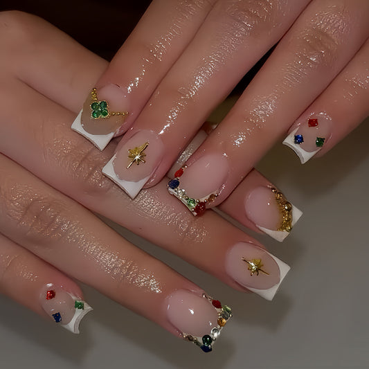 Glamorous Elegance Medium Square White Nails with Colorful Gem Accents