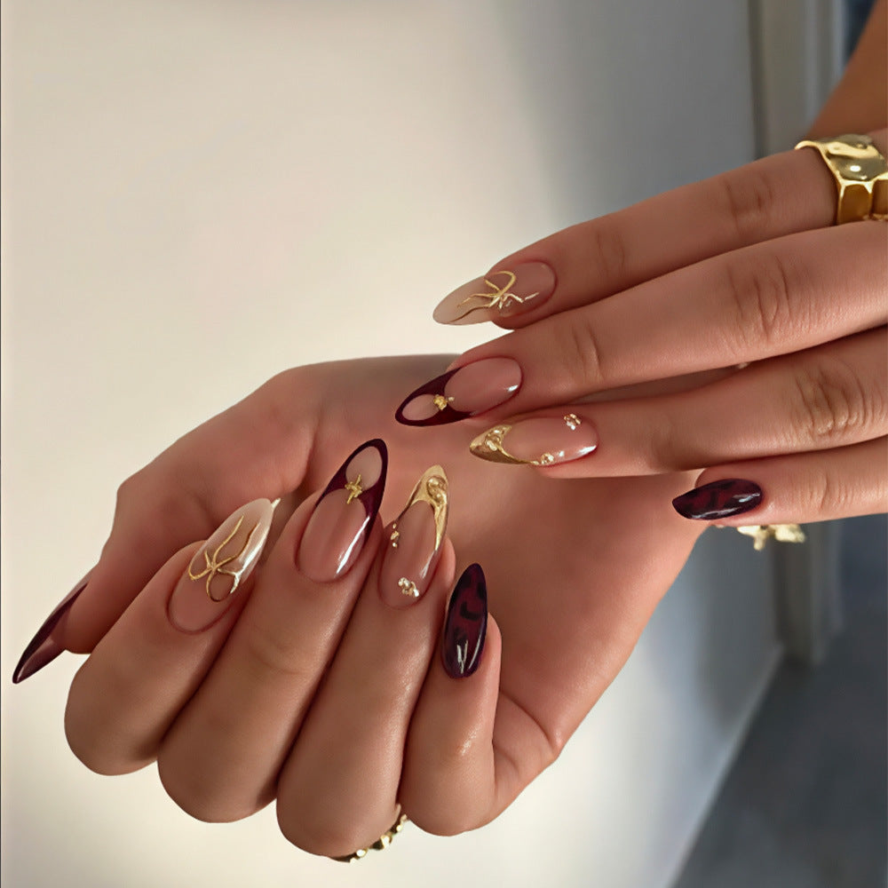 Glamorous Elegance Long Almond Ombre Burgundy Beige with Gold Accents Nail Set