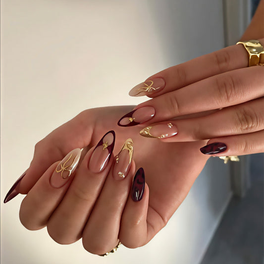 Glamorous Elegance Long Almond Ombre Burgundy Beige with Gold Accents Nail Set