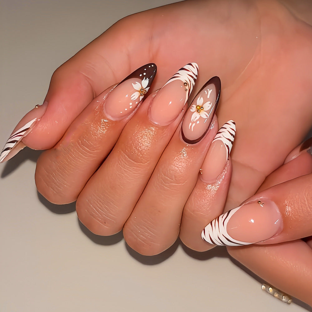 Gourmet Garden Long Almond Brown and White Press On Nail Set with Floral Accents