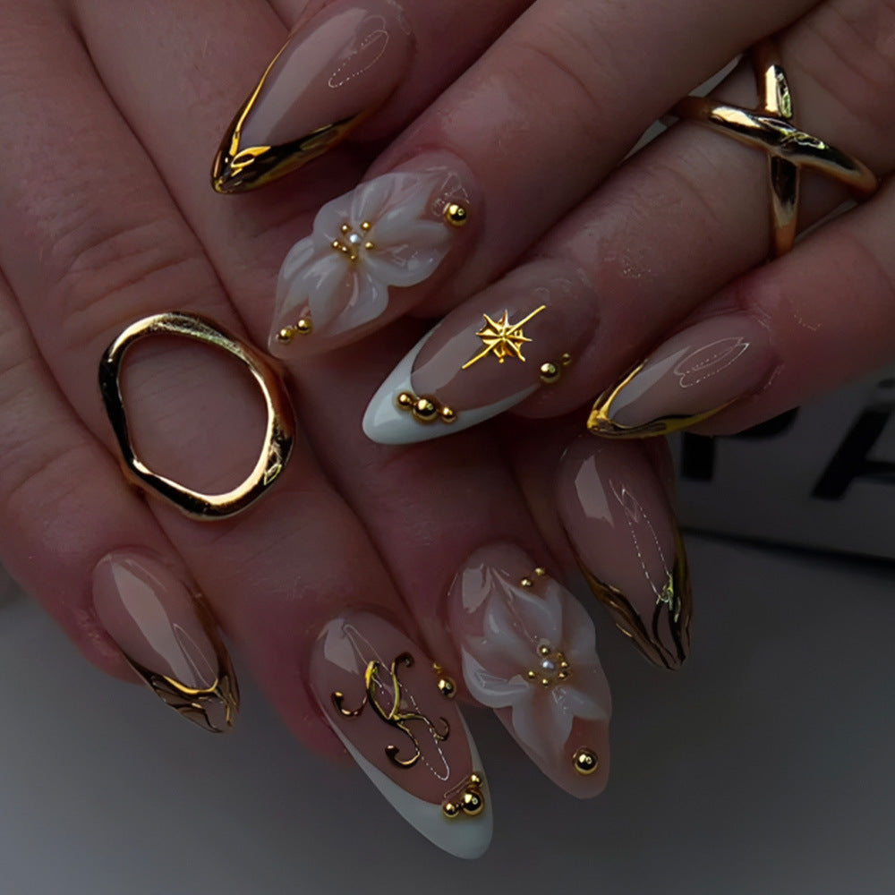 Whimsical Blooming Elegance Extra Long Almond Shaped Beige with Gold Accents and Floral Design Press On Nail Set