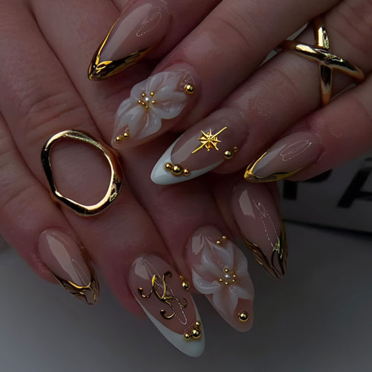 Whimsical Blooming Elegance Extra Long Almond Shaped Beige with Gold Accents and Floral Design Press On Nail Set