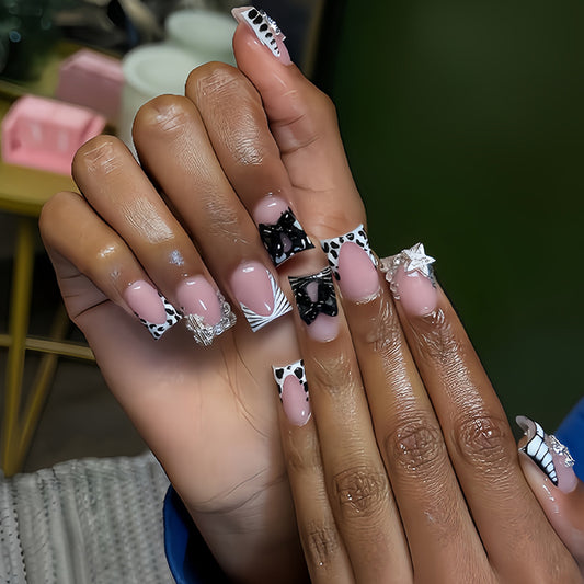Chic Butterfly Dream Medium Duck Pink and Black with Charming Decorative Accents Press on Nail Set