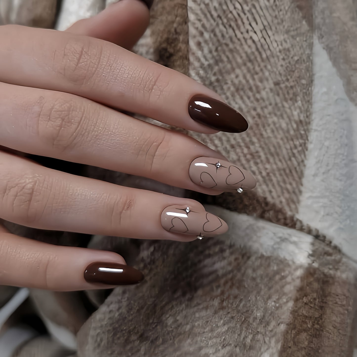 Charming Heartbeat Long Almond Shaped Coffee and Beige Press On Nail Set with Elegant Rhinestones