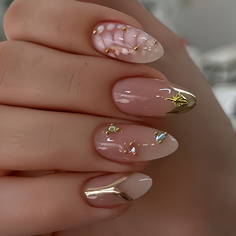 Celestial Elegance Long Almond Pink Ombre with Shimmering Gold Accents and Unique Floral Design Press On Nail Set