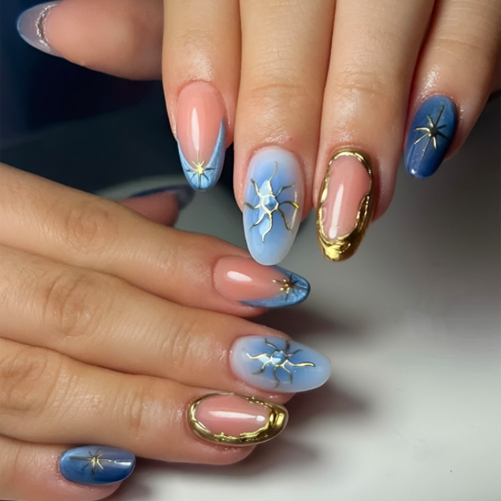 Celestial Dreamy Long Oval Blue and Pink Gradient with Elegant Gold Accents Press-On Nail Set