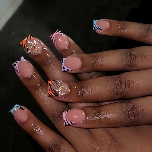 Wild Safari Vibrant Short Square Press-On Nail Set in Pastel with Decorative Gem Accents
