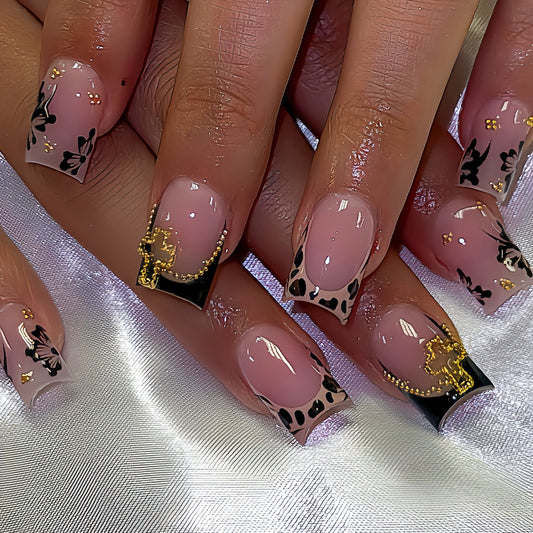 Glamorous Floral Elegance Medium Square Transparent with Black Tips and Gold Cross Design Press On Nail Set