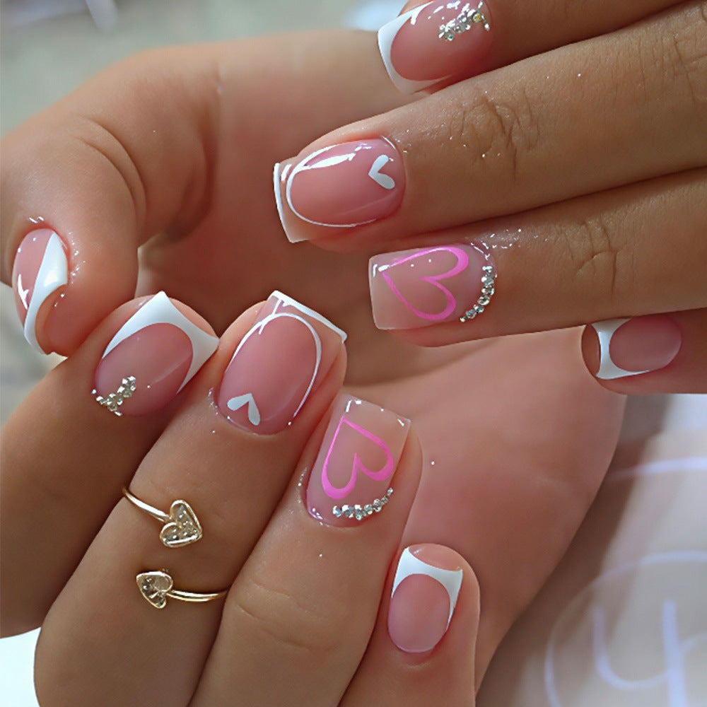 Love Inspired Medium Square Pink Press On Nail Set with Heart Designs and Glitter Accents