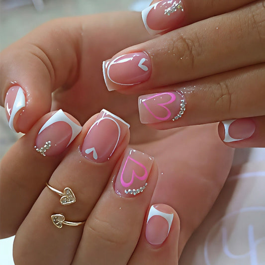 Love Inspired Medium Square Pink Press On Nail Set with Heart Designs and Glitter Accents