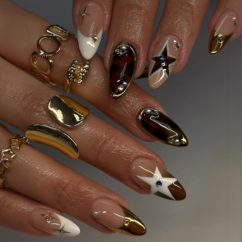 Celestial Elegance Long Almond Shape Brown and Gold Press-On Nail Set with Star and Pearl Accents