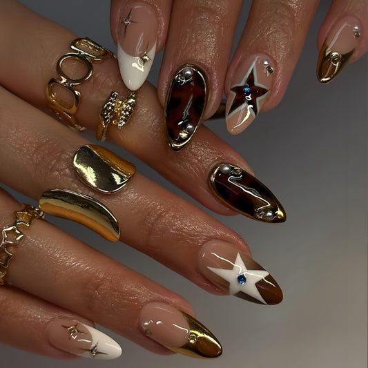 Celestial Elegance Long Almond Shape Brown and Gold Press-On Nail Set with Star and Pearl Accents