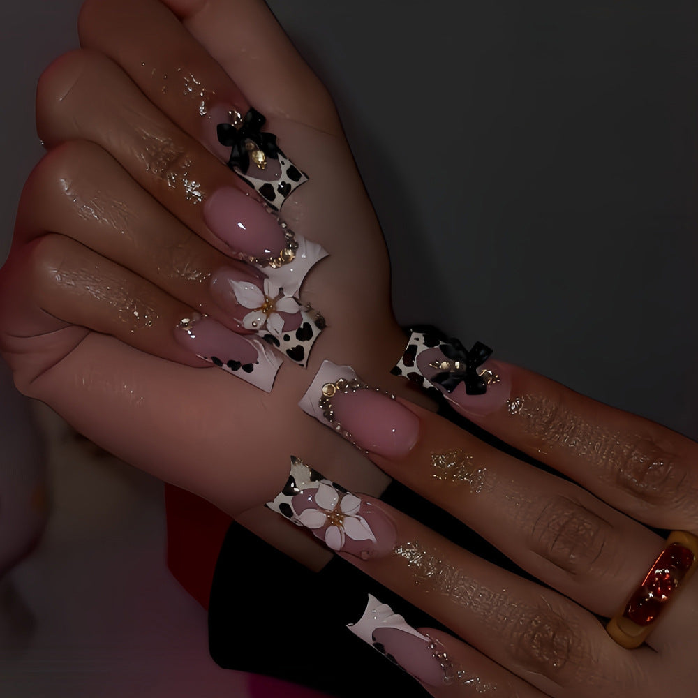 Chic Cowgirl Long Square Pink and White with Floral Accents and Stylish Bows Press On Nail Set