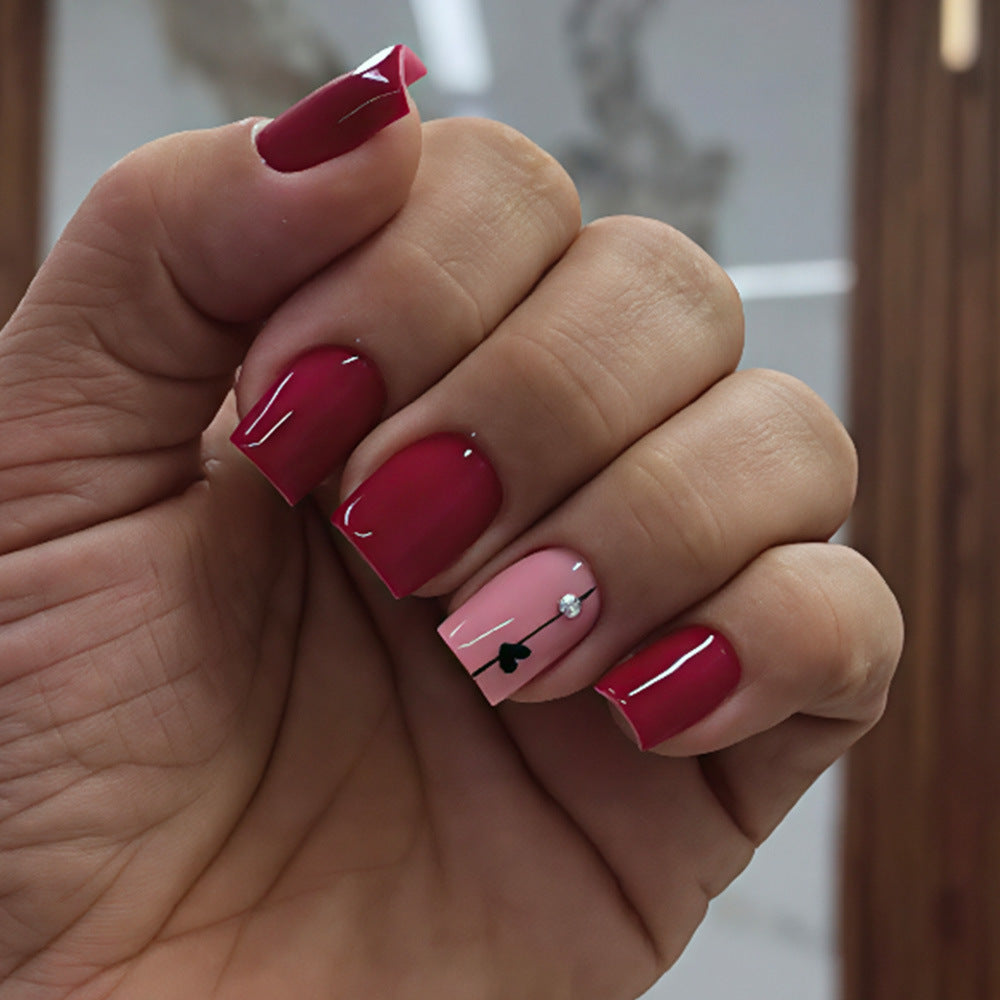 Romantic Elegance Short Square Long Red and Pink Glossy Press-On Nail Set with Heart and Gemstone Accent