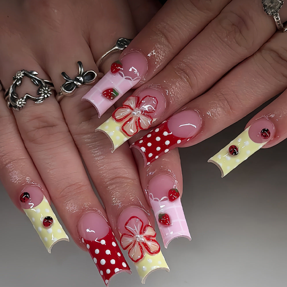 Whimsical Garden Inspired Long Square Press On Nail Set in Colorful Red Pink and Yellow with Charming Floral and Strawberry Accents