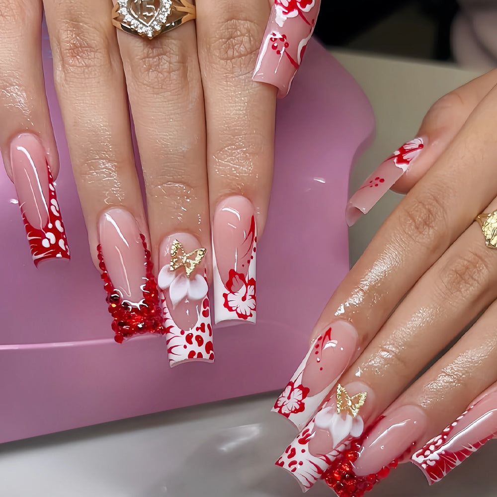 Tropical Elegance Long Square Red and White Floral Design with Gold Butterfly Accents Press On Nail Set