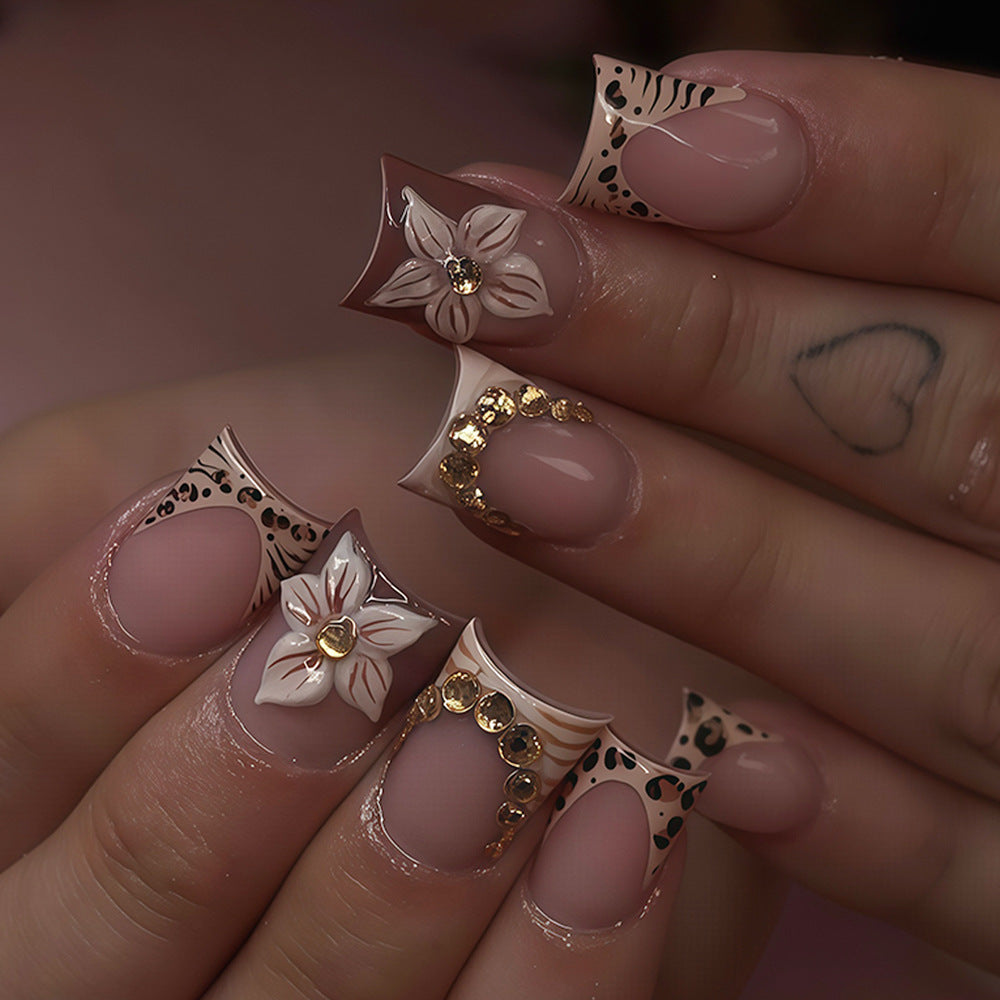Enchanting Floral Elegance Short Square Blush Pink with Exquisite Gemstone Accents Press On Nail Set