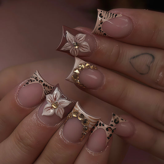 Enchanting Floral Elegance Short Square Blush Pink with Exquisite Gemstone Accents Press On Nail Set