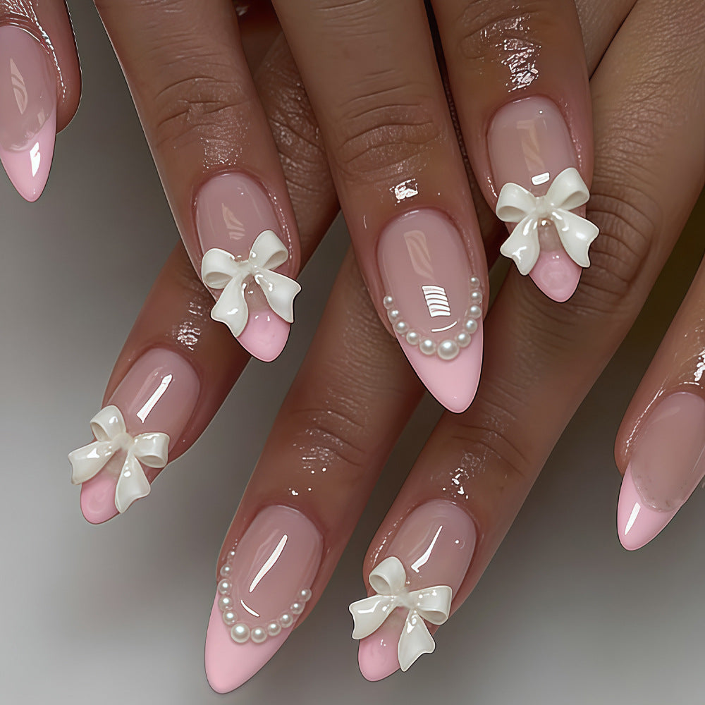Charming Elegance Long Almond Pink Press On Nail Set with Cute Bow and Pearl Accents