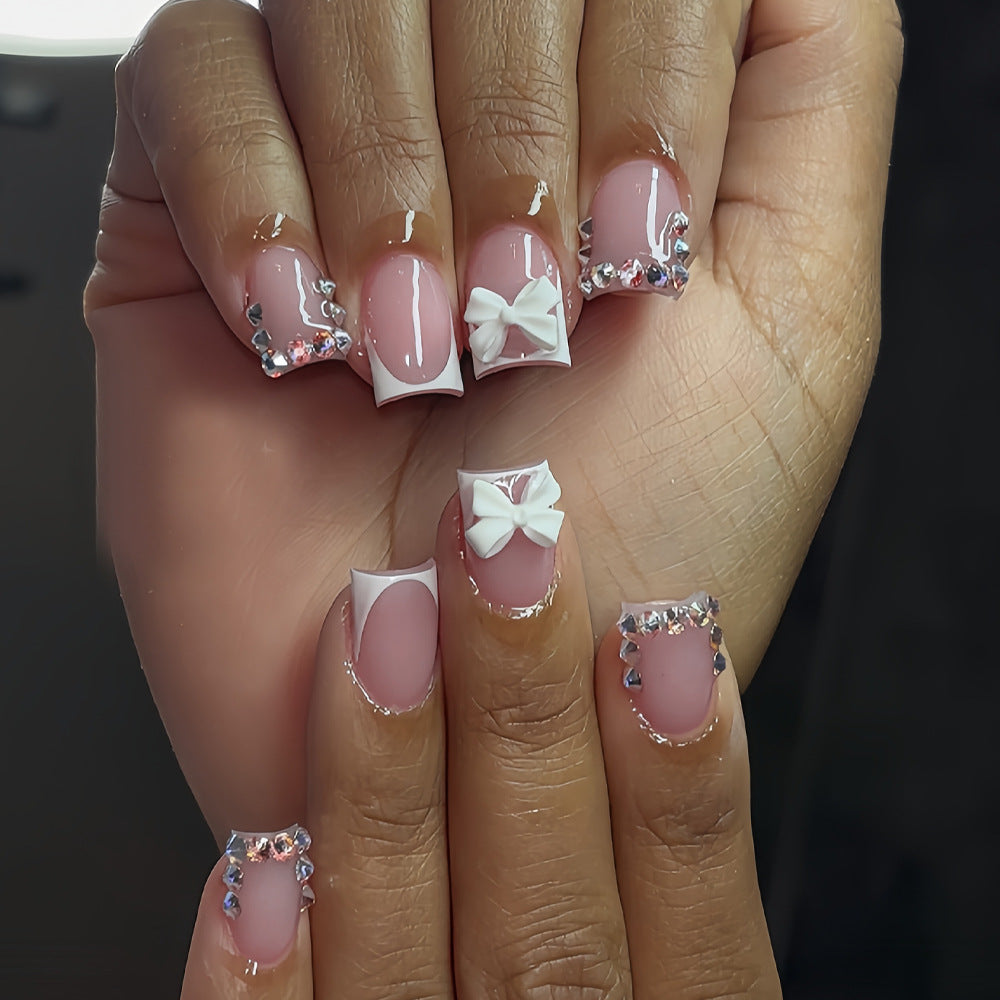 Chic Glamour Short Square Pink with White Bows and Sparkling Rhinestones Press-On Nail Set