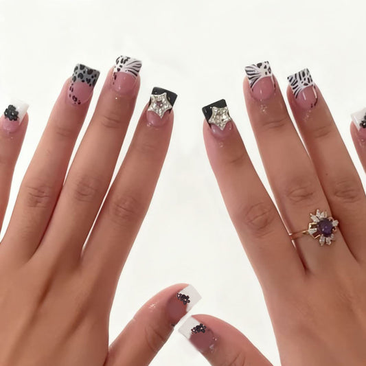 Glamorous Animal Print Short Square Press On Nail Set in Beige Black and White with Sparkling Gem Accents