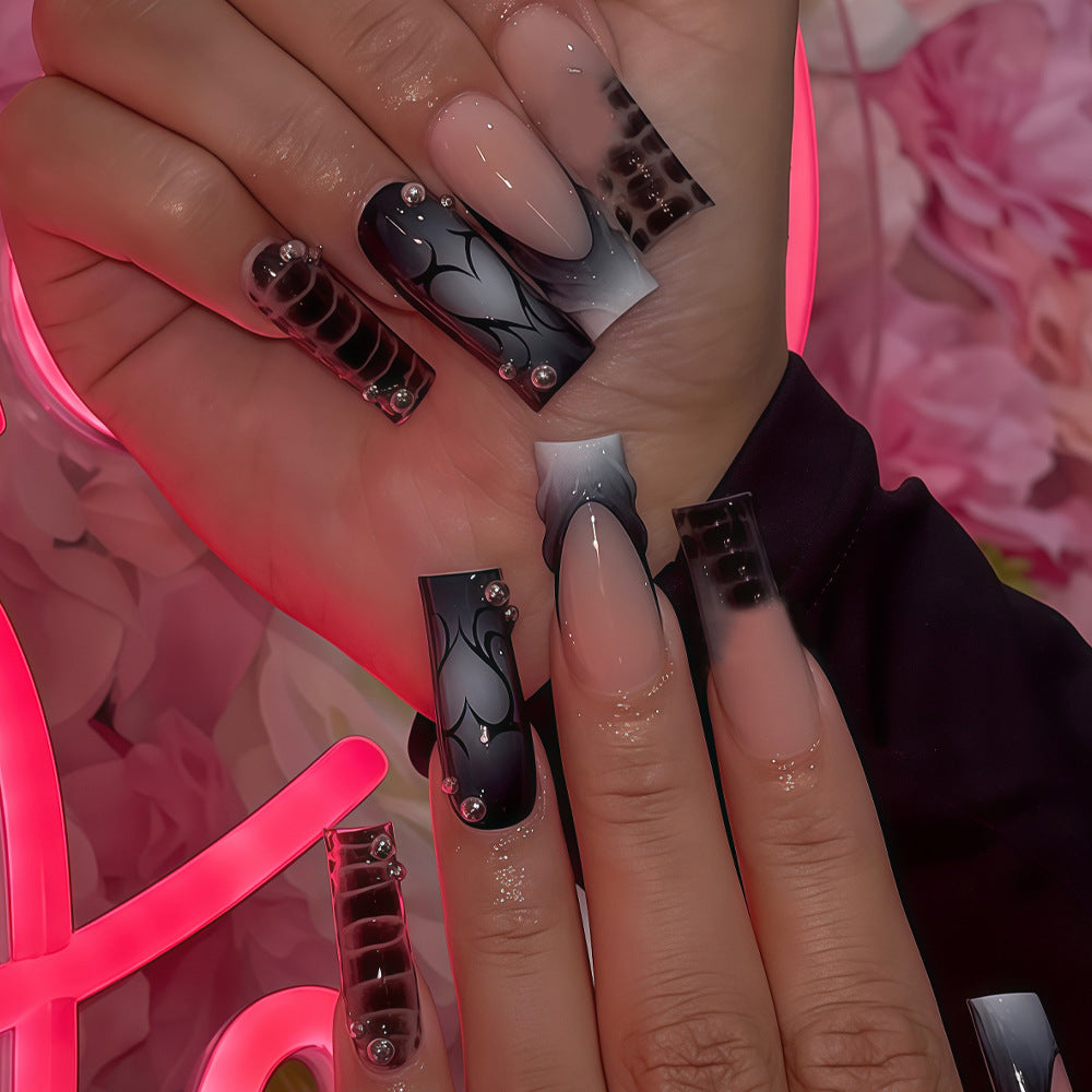 Gothic Glamour Long Square Black and Beige Gradient Press-On Nail Set with Decorative Gems