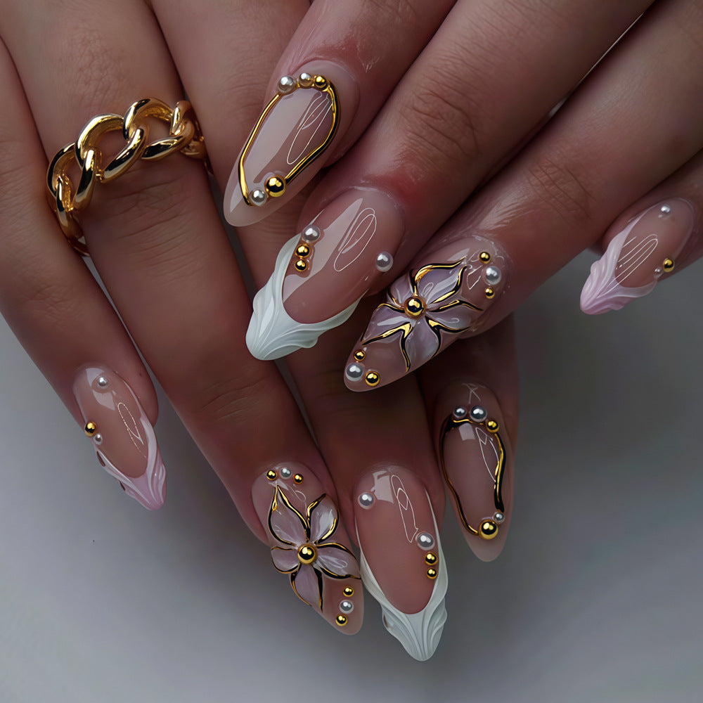Elegant Garden Inspired Long Square Beige and White Press-On Nail Set with Floral and Gold Accents