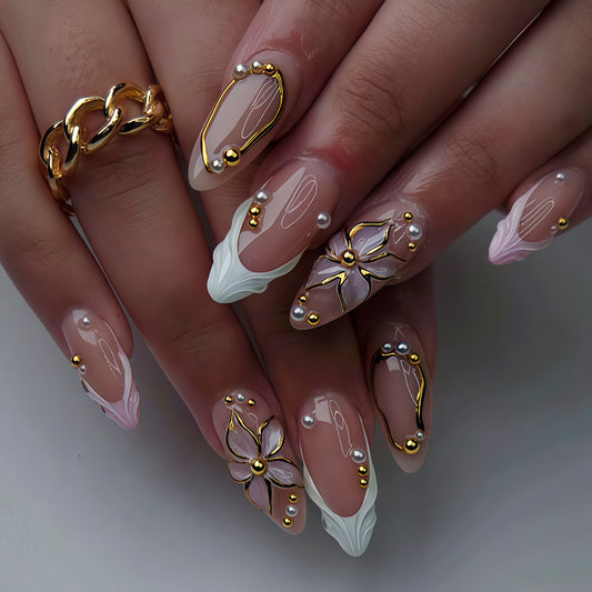 Elegant Garden Inspired Long Square Beige and White Press-On Nail Set with Floral and Gold Accents