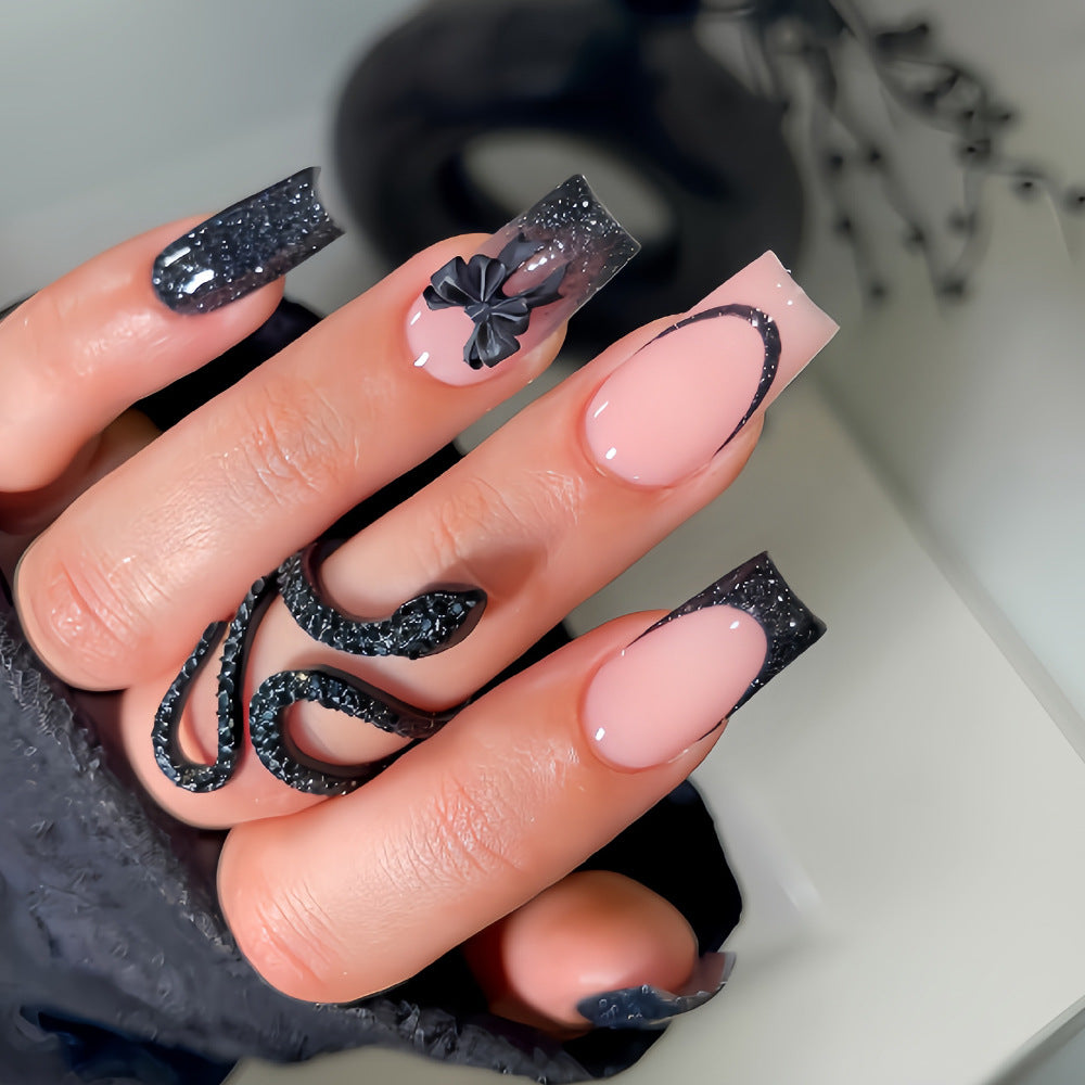 Mystical Night Marvel Long Square Black and Pink Nail Set with Beautiful Floral Accent