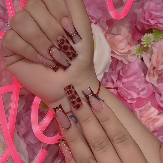 Get Wild with Glamorous Long Square Red and Pink Leopard Print Nail Set Featuring Stunning Rhinestone Accents