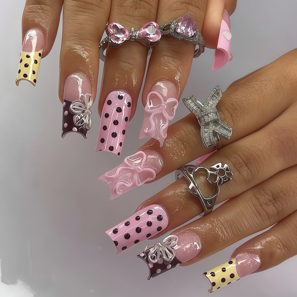 Chic Treat Press on Nail Set Long Square Pink with Polka Dots and Elegant Bow Detail