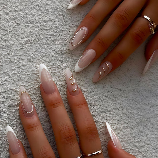 Glamorous Elegance Long Almond Beige and White Press On Nail Set with Unique Gold Accents