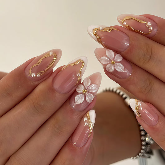 Elegant Floral Dream Long Almond Pink with Gold Accents and Pearl Detailing Press on Nail Set