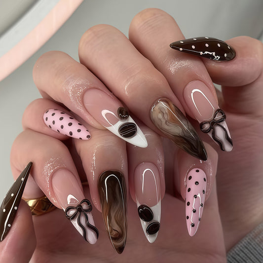 Chocolate Delight Long Almond Pink and Brown Multi-Design Press On Nail Set
