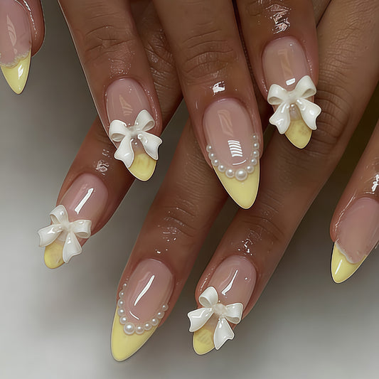 Charming Spring Elegance Medium Almond Yellow with Bow Detail Press On Nail Set